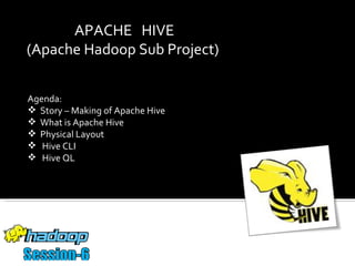 APACHE HIVE
(Apache Hadoop Sub Project)


Agenda:
 Story – Making of Apache Hive
 What is Apache Hive
 Physical Layout
 Hive CLI
 Hive QL
 