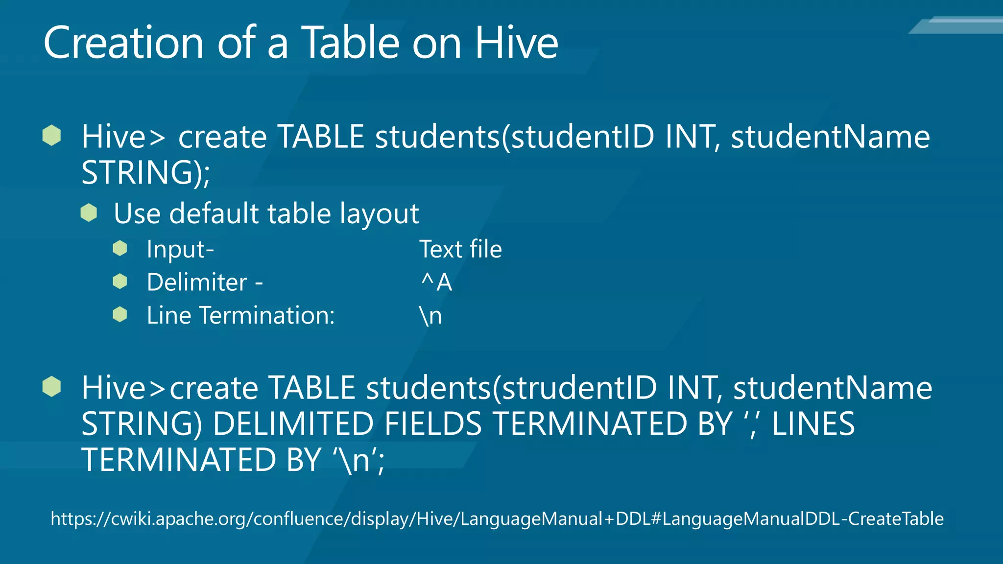 https://cwiki.apache.org/confluence/display/Hive/LanguageManual+DDL#LanguageManualDDL-CreateTable
 