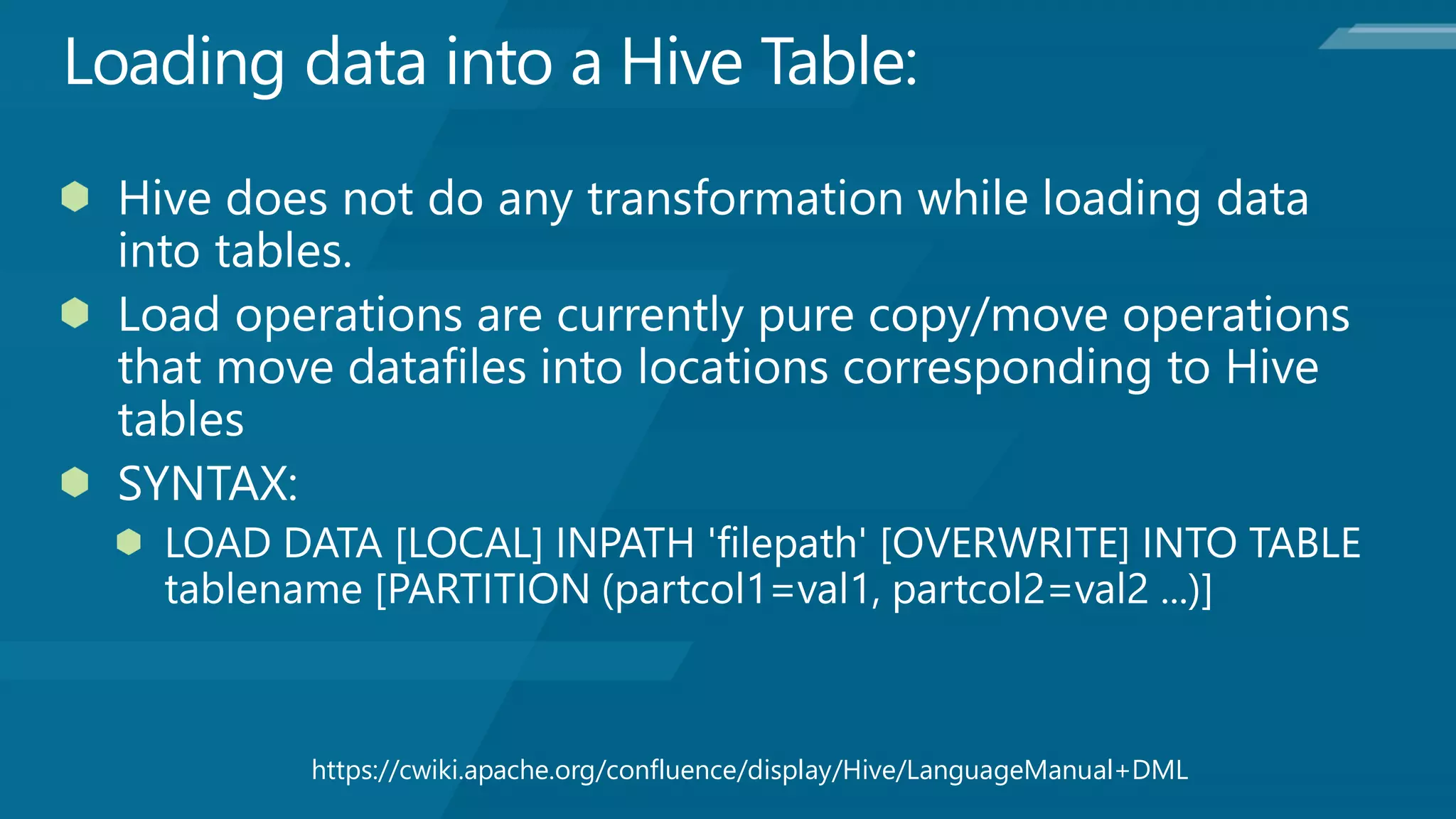 https://cwiki.apache.org/confluence/display/Hive/LanguageManual+DML
 