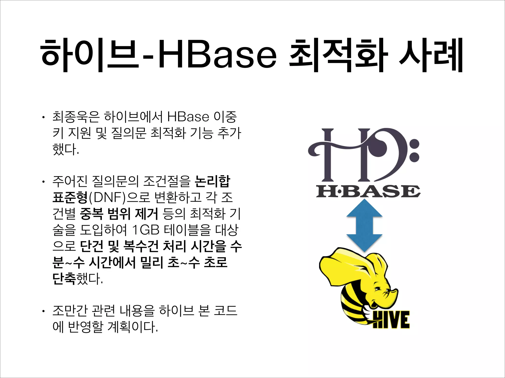 아파치 HBase
•

HBase는 레코드 단위의 실시간 처
리를 제공하는 NoSQL 제품이다.
카산드라나 몽고디비 등 경쟁제품
과 달리 하둡 클러스터에서 작동한
다. 하둡의 보완재 역할을 한다.

•

페이스북과 라인 메신저 등의 성공
사례가 나왔다.

•

SQL과 다른 독자적인 질의 언어를
사용하여 프로그래머들에게 부담이
된다.

 