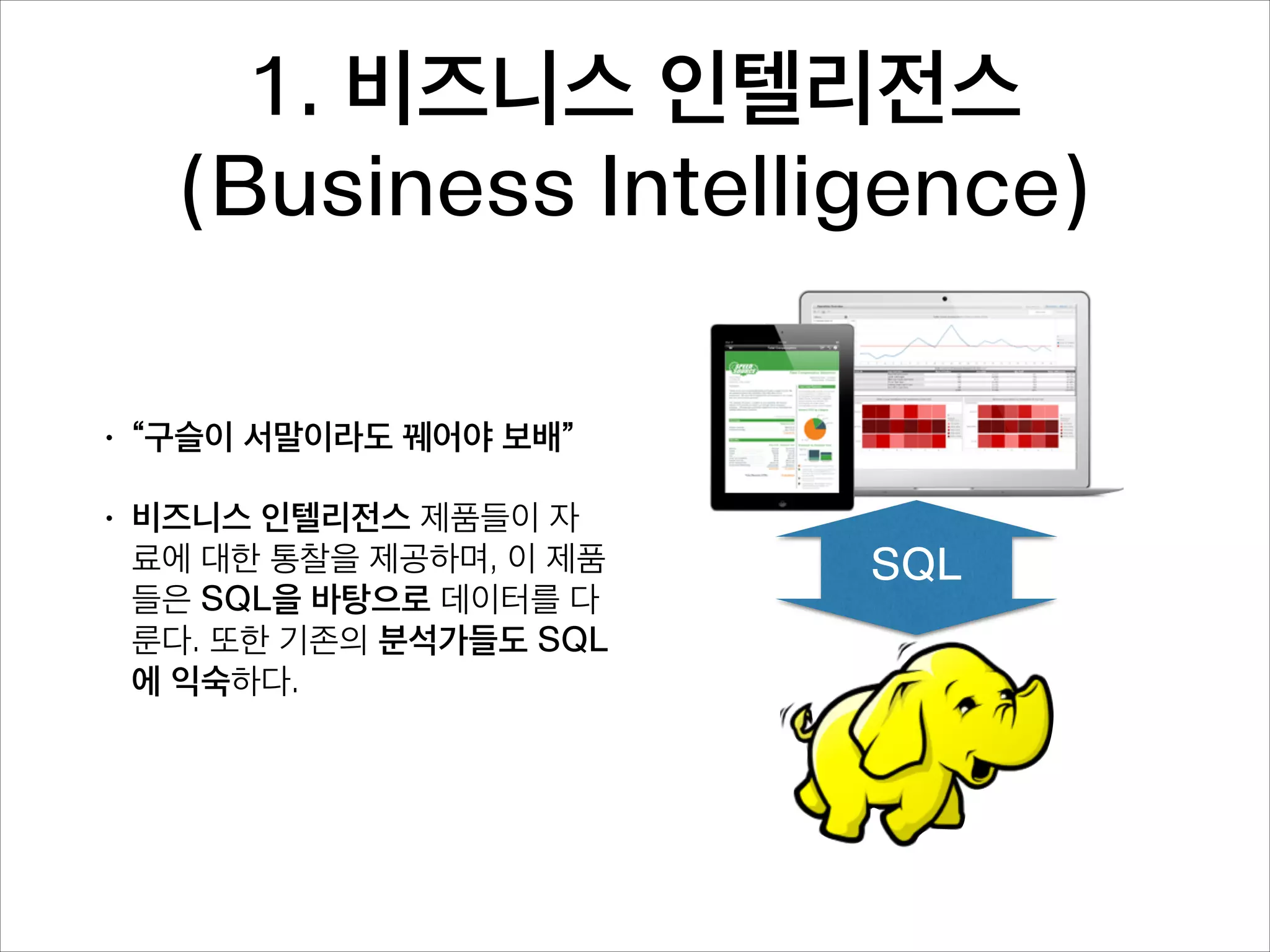 1. 비즈니스 인텔리전스
(Business Intelligence)
•

“구슬이 서말이라도 꿰어야 보배”

•

의사결정에 필요한 정보를 제공

•

비즈니스 인텔리전스 제품들이 자
료에 대한 통찰을 제공하며, 이 제품
들은 SQL을 바탕으로 데이터를 다
룬다. 또한 기존의 분석가들도 SQL
에 익숙하다.

SQL

 