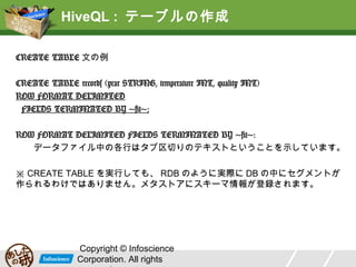 HiveQL : テーブルの作成
CREATE TABLE 文の例
CREATE TABLE records (year STRING, temperature INT, quality INT)
ROW FORMAT DELIMITED
FIELDS TERMINATED BY 't';
ROW FORMAT DELIMITED FIELDS TERMINATED BY 't':
　　データファイル中の各行はタブ区切りのテキストということを示しています。
※ CREATE TABLE を実行しても、 RDB のように実際に DB の中にセグメントが
作られるわけではありません。メタストアにスキーマ情報が登録されます。

Copyright © Infoscience
Corporation. All rights

 