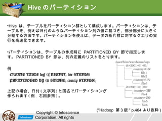 Hive のパーティション
•Hive は、テーブルをパーティション群として構成します。パーティションは、テ
ーブルを、例えば日付のようなパーティション列の値に基づき、部分部分に大きく
分割する方法です。パーティションを使えば、データの断片群に対するクエリの実
行を高速化できます。
•パーティションは、テーブルの作成時に PARTITIONED BY 節で指定しま
す。 PARTITIONED BY 節は、列の定義のリストをとります。
例
CREATE TABLE logs (ts BIGINT, line STRING)
PARTITIONED BY (dt STRING, country STRING);
上記の場合、日付 ( 文字列 ) と国名でパーティションが
作られます ( 例 . 右図参照 ) 。

Copyright © Infoscience
Corporation. All rights

("Hadoop 第 3 版 " p.464 より抜粋 )

 