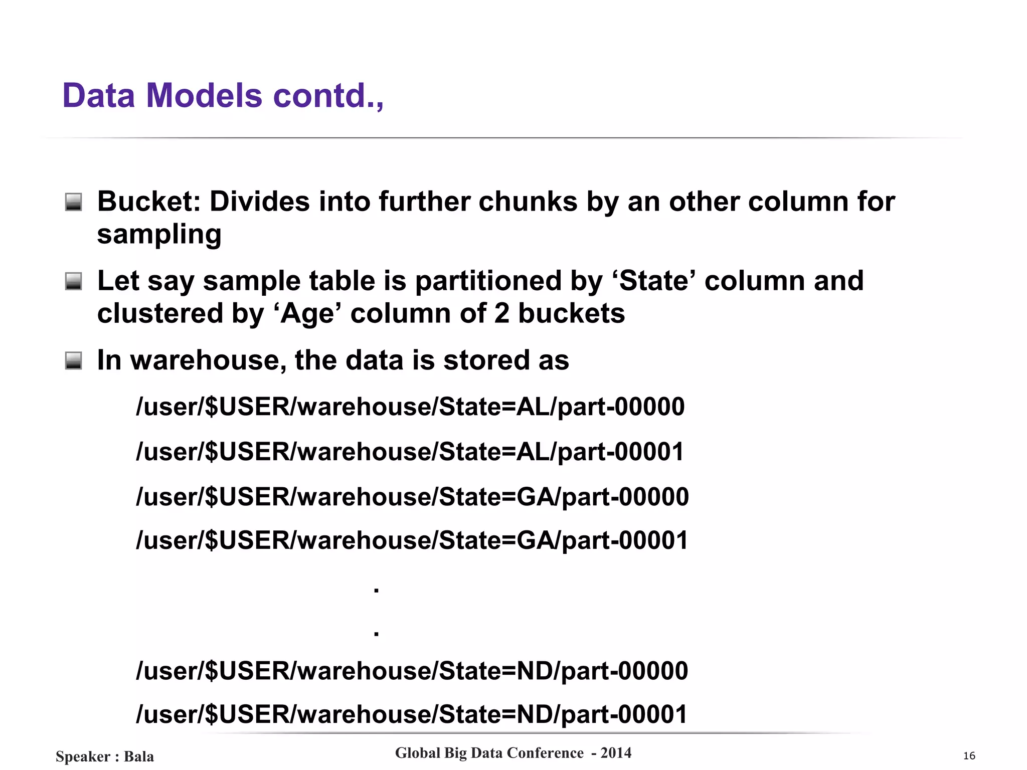 Data Models contd.,
Bucket: Divides into further chunks by an other column for
sampling
Let say sample table is partitioned by ‘State’ column and
clustered by ‘Age’ column of 2 buckets
In warehouse, the data is stored as
/user/$USER/warehouse/State=AL/part-00000
/user/$USER/warehouse/State=AL/part-00001
/user/$USER/warehouse/State=GA/part-00000
/user/$USER/warehouse/State=GA/part-00001

.
.
/user/$USER/warehouse/State=ND/part-00000
/user/$USER/warehouse/State=ND/part-00001
Speaker : Bala

Global Big Data Conference - 2014

16

 