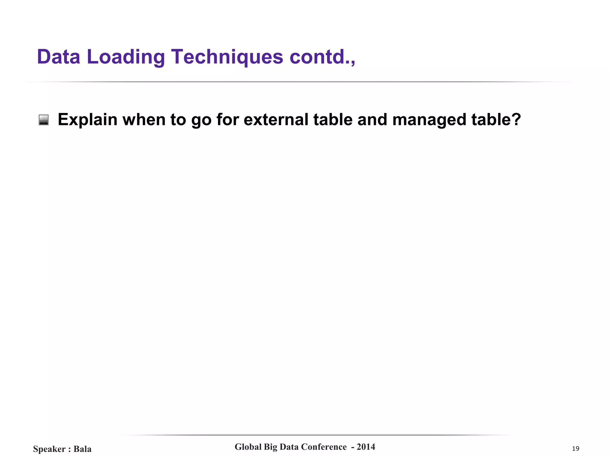 Data Loading Techniques contd.,
Explain when to go for external table and managed table?

Speaker : Bala

Global Big Data Conference - 2014

19

 
