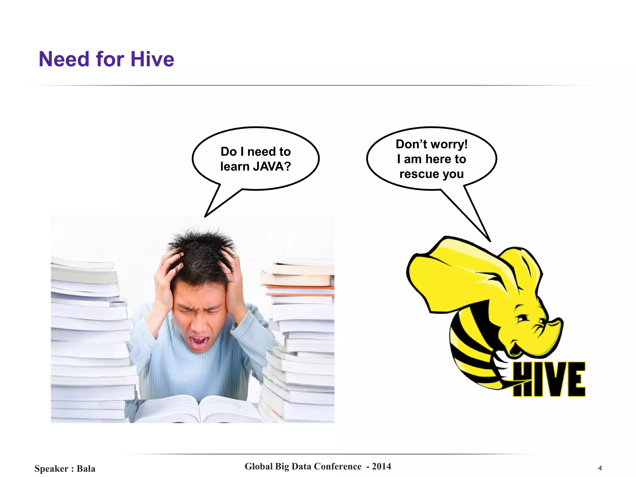 Need for Hive

Do I need to
learn JAVA?

Speaker : Bala

Global Big Data Conference - 2014

Don’t worry!
I am here to
rescue you

4

 