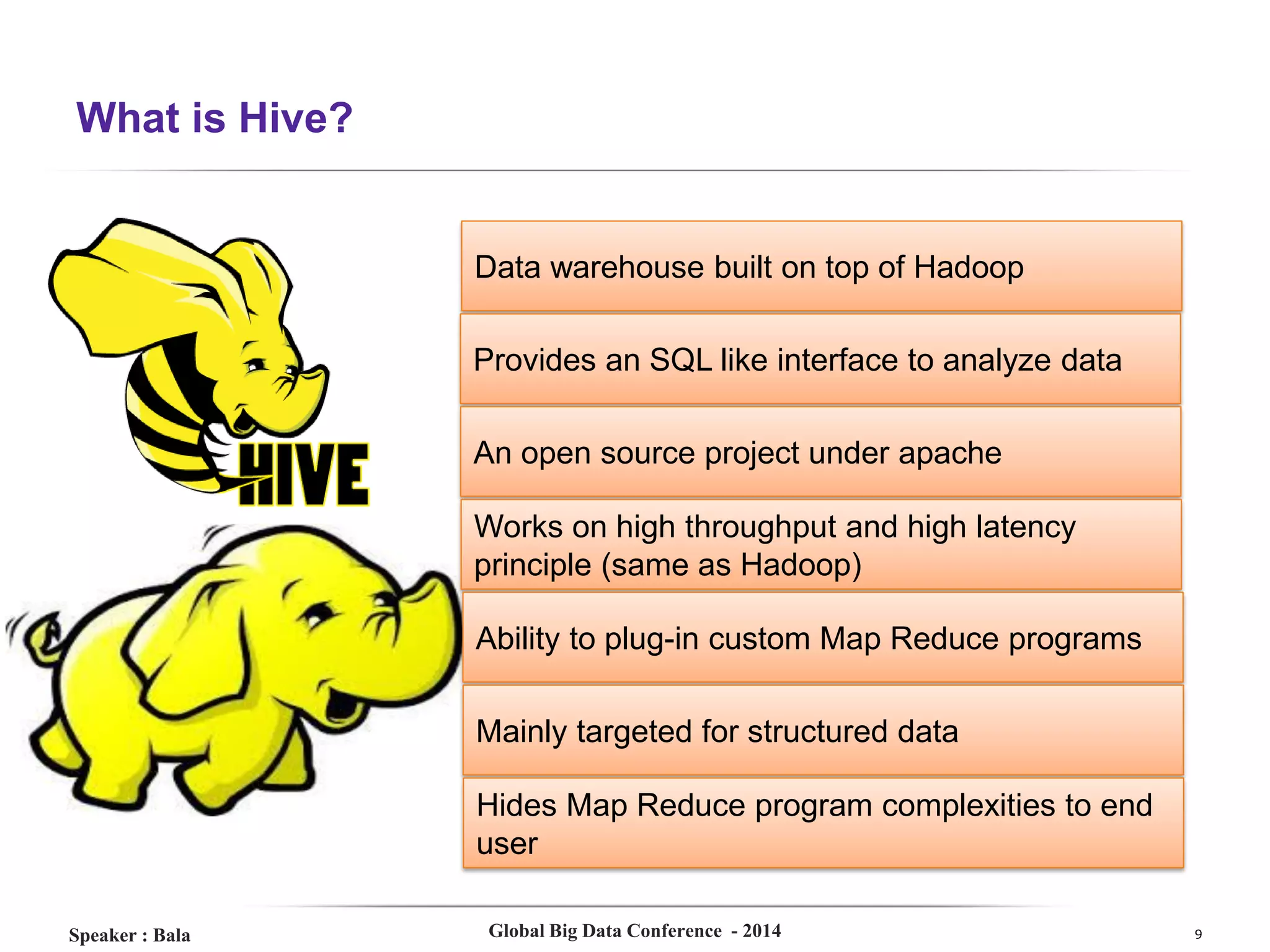 What is Hive?

Data warehouse built on top of Hadoop
Provides an SQL like interface to analyze data
An open source project under apache
Works on high throughput and high latency
principle (same as Hadoop)
Ability to plug-in custom Map Reduce programs
Mainly targeted for structured data
Hides Map Reduce program complexities to end
user
Speaker : Bala

Global Big Data Conference - 2014

9

 