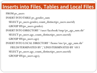 FROM pv_users
INSERT INTOTABLE pv_gender_sum
SELECT pv_users.gender, count_distinct(pv_users.userid)
GROUP BY(pv_users.gender)
INSERT INTO DIRECTORY‘/user/facebook/tmp/pv_age_sum.dir’
SELECT pv_users.age, count_distinct(pv_users.userid)
GROUP BY(pv_users.age)
INSERT INTO LOCAL DIRECTORY‘/home/me/pv_age_sum.dir’
FIELDSTERMINATED BY‘,’ LINESTERMINATED BY 013
SELECT pv_users.age, count_distinct(pv_users.userid)
GROUP BY(pv_users.age);
Inserts into Files, Tables and Local Files
 