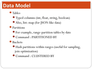 Tables
Typed columns (int, float, string, boolean)
Also, list: map (for JSON-like data)
Partitions
For example, range-partition tables by date
Command : PARTITIONED BY
Buckets
Hash partitions within ranges (useful for sampling,
join optimization)
Command : CLUSTERED BY
Data Model
 