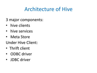 Architecture of Hive
3 major components:
• hive clients
• hive services
• Meta Store
Under Hive Client:
• Thrift client
• ODBC driver
• JDBC driver
 