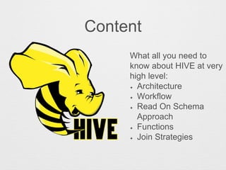 Content
What all you need to
know about HIVE at very
high level:
✦ Architecture
✦ Workflow
✦ Read On Schema
Approach
✦ Functions
✦ Join Strategies
 