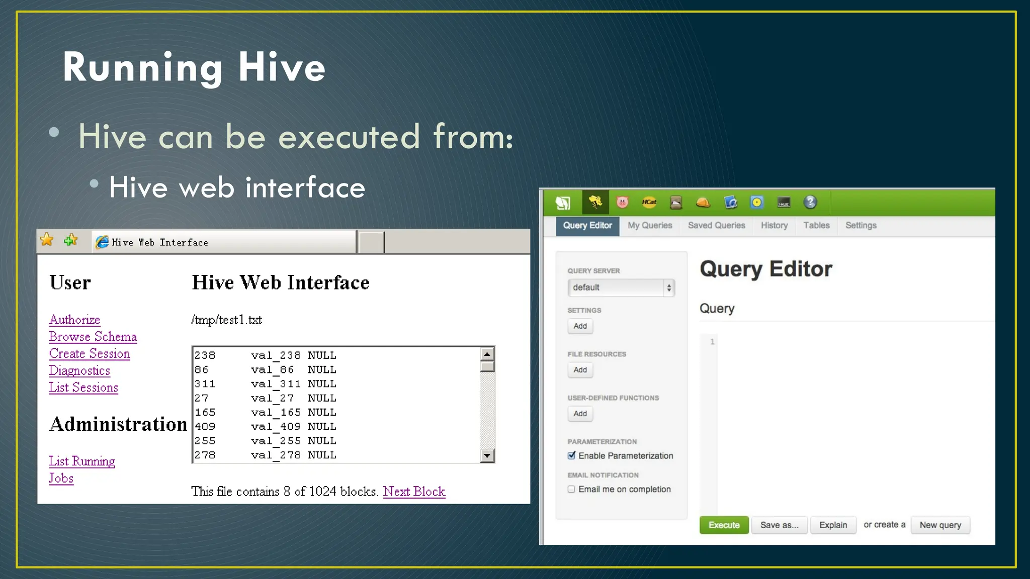 Running Hive
• Hive can be executed from:
• Hive web interface
 