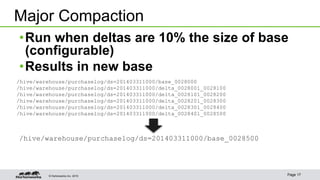© Hortonworks Inc. 2015 Page 17
•Run when deltas are 10% the size of base
(configurable)
•Results in new base
Major Compaction
/hive/warehouse/purchaselog/ds=201403311000/base_0028000
/hive/warehouse/purchaselog/ds=201403311000/delta_0028001_0028100
/hive/warehouse/purchaselog/ds=201403311000/delta_0028101_0028200
/hive/warehouse/purchaselog/ds=201403311000/delta_0028201_0028300
/hive/warehouse/purchaselog/ds=201403311000/delta_0028301_0028400
/hive/warehouse/purchaselog/ds=201403311000/delta_0028401_0028500
/hive/warehouse/purchaselog/ds=201403311000/base_0028500
 