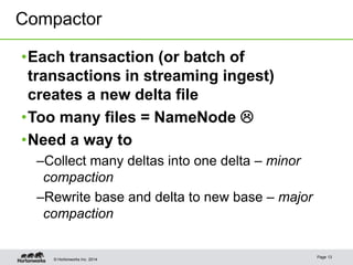 © Hortonworks Inc. 2014
Page 13
•Each transaction (or batch of
transactions in streaming ingest)
creates a new delta file
...