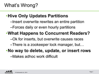 © Hortonworks Inc. 2014
Page 2
•Hive Only Updates Partitions
–Insert overwrite rewrites an entire partition
–Forces daily ...