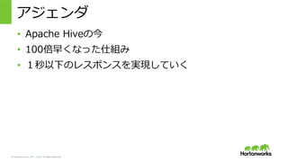 &copy; Hortonworks Inc. 2011 &ndash; 2015. All Rights Reserved
アジェンダ
&bull;  Apache &nbsp;Hiveの今
&bull;  100倍早くなった仕組み
&bull;  １秒以下のレスポンスを実現していく
 
