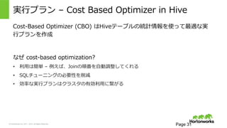 &copy; Hortonworks Inc. 2011 &ndash; 2015. All Rights Reserved
実⾏行行プラン &nbsp;&ndash; &nbsp;Cost &nbsp;Based &nbsp;Optimizer &nbsp;in &nbsp;Hive
Cost-‐‑‒Based &nbsp;Optimizer &nbsp;(CBO) &nbsp;はHiveテーブルの統計情報を使って最適な実
⾏行行プランを作成
なぜ &nbsp;cost-‐‑‒based &nbsp;optimization?
&bull;  利利⽤用は簡単 &nbsp;&ndash; &nbsp;例例えば、Joinの順番を⾃自動調整してくれる
&bull;  SQLチューニングの必要性を削減
&bull;  効率率率な実⾏行行プランはクラスタの有効利利⽤用に繋がる
Page 31
 