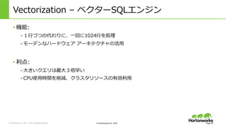 &copy; Hortonworks Inc. 2011 &ndash; 2015. All Rights Reserved &copy; Hortonworks Inc. 2015
Vectorization &nbsp;&ndash; &nbsp;ベクターSQLエンジン
&bull; 機能:
&ndash; １⾏行行づつの代わりに、⼀一回に1024⾏行行を処理理
&ndash; モーデンなハードウェア &nbsp;アーキテクチャの活⽤用
&bull; 利利点:
&ndash; ⼤大きいクエリは最⼤大３倍早い
&ndash; CPU使⽤用時間を削減、クラスタリソースの有効利利⽤用
Page 39
 