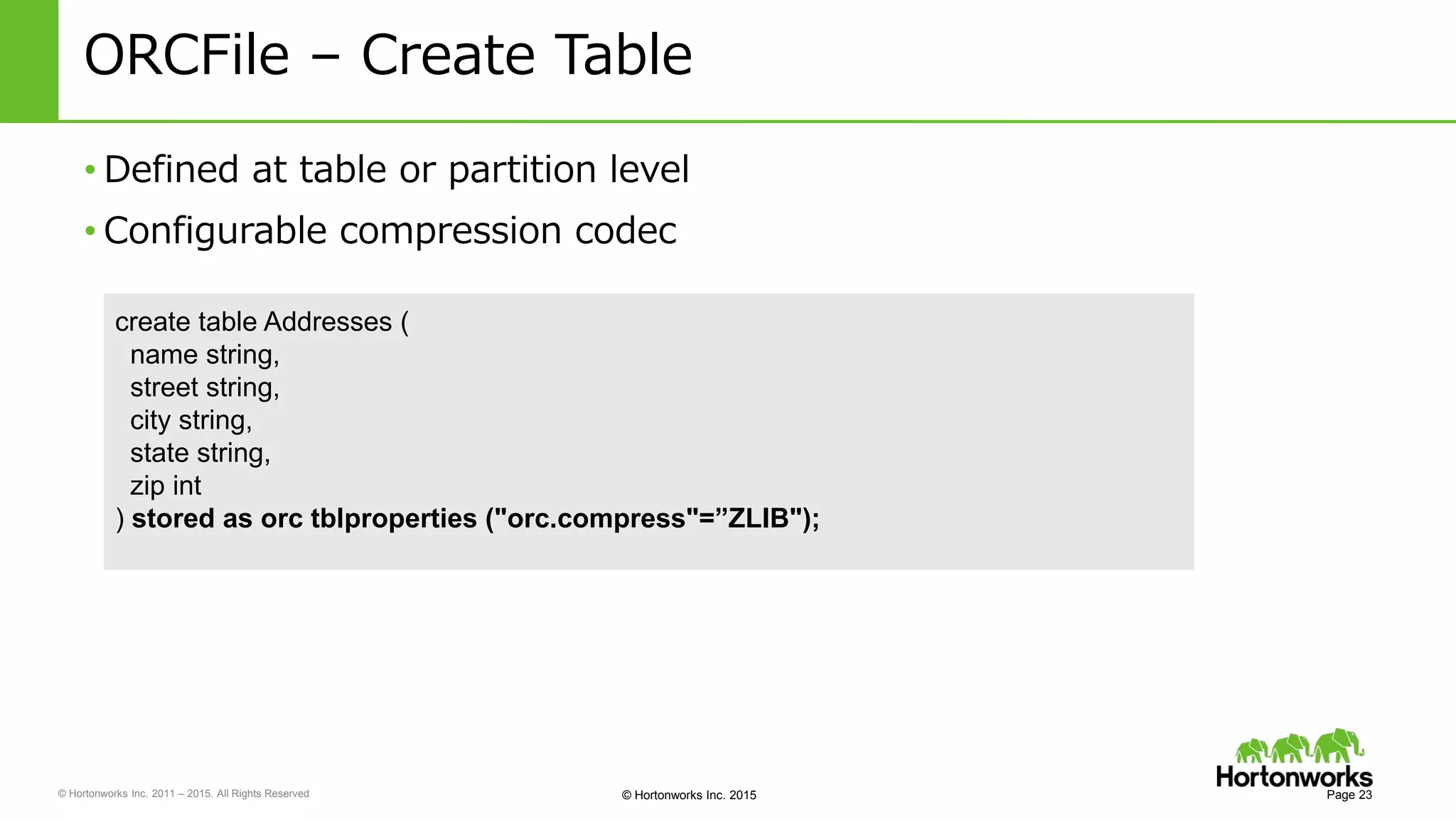 © Hortonworks Inc. 2011 – 2015. All Rights Reserved © Hortonworks Inc. 2015
ORCFile – Create Table
• Defined at table or partition level
• Configurable compression codec
Page 23
create table Addresses (
name string,
street string,
city string,
state string,
zip int
) stored as orc tblproperties ("orc.compress"=”ZLIB");
 