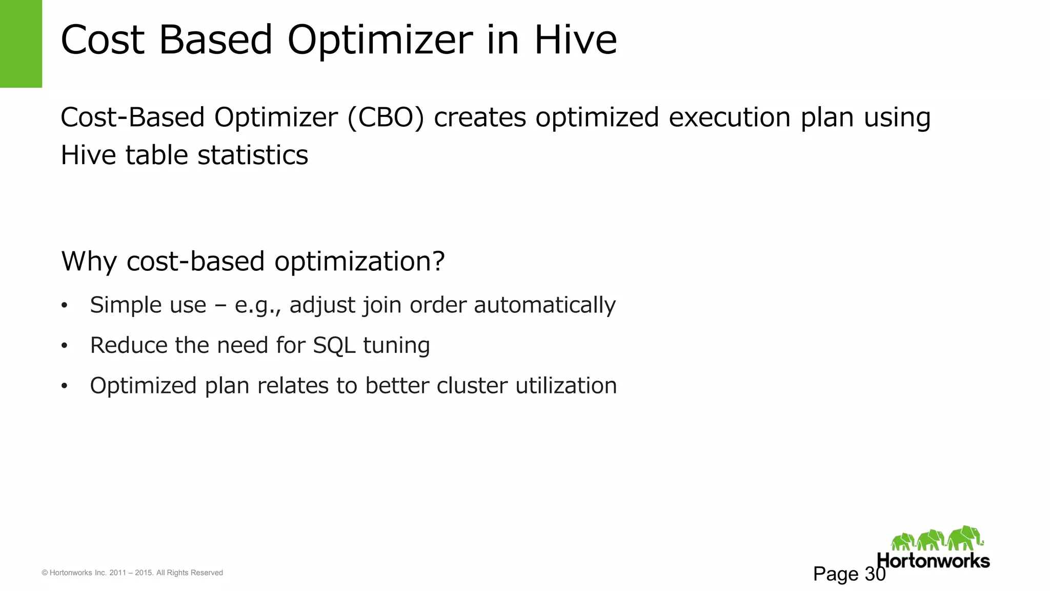 © Hortonworks Inc. 2011 – 2015. All Rights Reserved
Cost Based Optimizer in Hive
Cost-Based Optimizer (CBO) creates optimized execution plan using
Hive table statistics
Why cost-based optimization?
• Simple use – e.g., adjust join order automatically
• Reduce the need for SQL tuning
• Optimized plan relates to better cluster utilization
Page 30
 