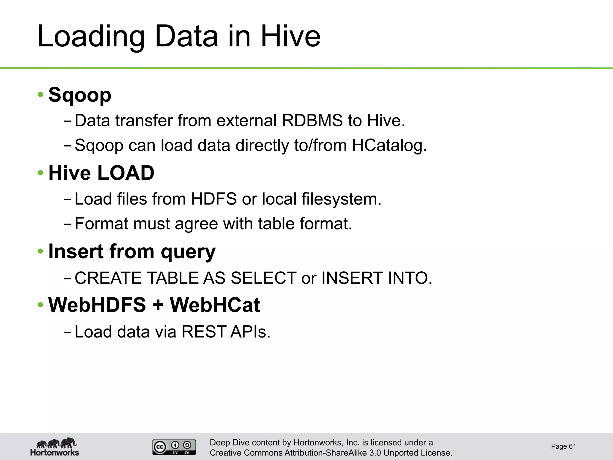 Deep Dive content by Hortonworks, Inc. is licensed under a
Creative Commons Attribution-ShareAlike 3.0 Unported License.
Loading Data in Hive
• Sqoop
– Data transfer from external RDBMS to Hive.
– Sqoop can load data directly to/from HCatalog.
• Hive LOAD
– Load files from HDFS or local filesystem.
– Format must agree with table format.
• Insert from query
– CREATE TABLE AS SELECT or INSERT INTO.
• WebHDFS + WebHCat
– Load data via REST APIs.
Page 61
 