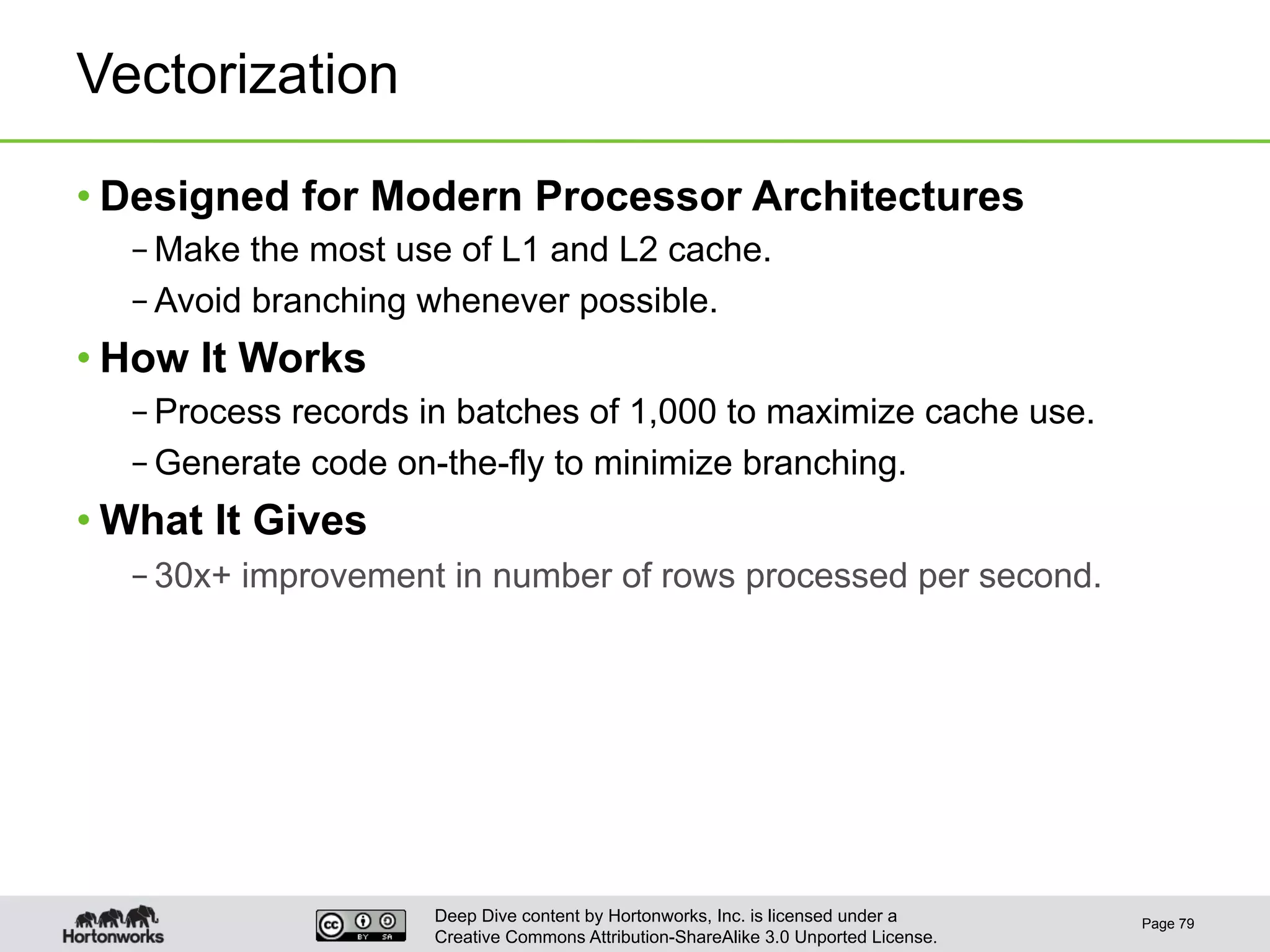Deep Dive content by Hortonworks, Inc. is licensed under a
Creative Commons Attribution-ShareAlike 3.0 Unported License.
Vectorization
• Designed for Modern Processor Architectures
– Make the most use of L1 and L2 cache.
– Avoid branching whenever possible.
• How It Works
– Process records in batches of 1,000 to maximize cache use.
– Generate code on-the-fly to minimize branching.
• What It Gives
– 30x+ improvement in number of rows processed per second.
Page 79
 