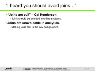 Deep Dive content by Hortonworks, Inc. is licensed under a
Creative Commons Attribution-ShareAlike 3.0 Unported License.
“I heard you should avoid joins…”
• “Joins are evil” – Cal Henderson
– Joins should be avoided in online systems.
• Joins are unavoidable in analytics.
– Making joins fast is the key design point.
Page 12
 