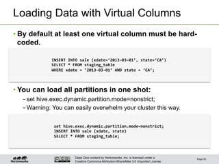Deep Dive content by Hortonworks, Inc. is licensed under a
Creative Commons Attribution-ShareAlike 3.0 Unported License.
Loading Data with Virtual Columns
• By default at least one virtual column must be hard-
coded.
• You can load all partitions in one shot:
– set hive.exec.dynamic.partition.mode=nonstrict;
– Warning: You can easily overwhelm your cluster this way.
Page 35
INSERT	
  INTO	
  sale	
  (xdate=‘2013-­‐03-­‐01’,	
  state=‘CA’)	
  
SELECT	
  *	
  FROM	
  staging_table	
  
WHERE	
  xdate	
  =	
  ‘2013-­‐03-­‐01’	
  AND	
  state	
  =	
  ‘CA’;	
  
set	
  hive.exec.dynamic.partition.mode=nonstrict;	
  
INSERT	
  INTO	
  sale	
  (xdate,	
  state)	
  
SELECT	
  *	
  FROM	
  staging_table;	
  
 