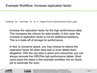 Deep Dive content by Hortonworks, Inc. is licensed under a
Creative Commons Attribution-ShareAlike 3.0 Unported License.
Example Workflow: Increase replication factor
Page 46
hadoop fs -setrep -R –w 5 /apps/hive/warehouse/fact_pos!
Increase the replication factor for the high performance table.
This increases the chance for data locality. In this case, the
increase in replication factor is not for additional resiliency.
This is a trade-off of storage for performance.
In fact, to conserve space, you may choose to reduce the
replication factor for older data sets or even delete them
altogether. With the raw data in place and untouched, you can
always recreate the ORCFile high performance tables. Most
users place the steps in this example workflow into an Oozie
job to automate the work.
 