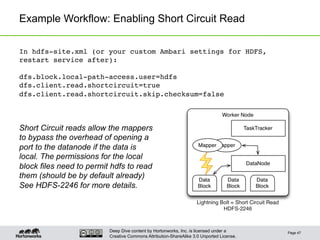 Deep Dive content by Hortonworks, Inc. is licensed under a
Creative Commons Attribution-ShareAlike 3.0 Unported License.
Example Workflow: Enabling Short Circuit Read
Page 47
In hdfs-site.xml (or your custom Ambari settings for HDFS,
restart service after):!
!
dfs.block.local-path-access.user=hdfs!
dfs.client.read.shortcircuit=true!
dfs.client.read.shortcircuit.skip.checksum=false!
Short Circuit reads allow the mappers
to bypass the overhead of opening a
port to the datanode if the data is
local. The permissions for the local
block files need to permit hdfs to read
them (should be by default already)
See HDFS-2246 for more details.
 