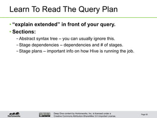 Deep Dive content by Hortonworks, Inc. is licensed under a
Creative Commons Attribution-ShareAlike 3.0 Unported License.
Learn To Read The Query Plan
• “explain extended” in front of your query.
• Sections:
– Abstract syntax tree – you can usually ignore this.
– Stage dependencies – dependencies and # of stages.
– Stage plans – important info on how Hive is running the job.
Page 50
 