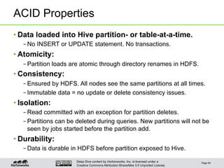 Deep Dive content by Hortonworks, Inc. is licensed under a
Creative Commons Attribution-ShareAlike 3.0 Unported License.
ACID Properties
• Data loaded into Hive partition- or table-at-a-time.
– No INSERT or UPDATE statement. No transactions.
• Atomicity:
– Partition loads are atomic through directory renames in HDFS.
• Consistency:
– Ensured by HDFS. All nodes see the same partitions at all times.
– Immutable data = no update or delete consistency issues.
• Isolation:
– Read committed with an exception for partition deletes.
– Partitions can be deleted during queries. New partitions will not be
seen by jobs started before the partition add.
• Durability:
– Data is durable in HDFS before partition exposed to Hive.
Page 64
 