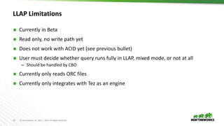 10 © Hortonworks Inc. 2011 – 2016. All Rights Reserved
LLAP Limitations
 Currently in Beta
 Read only, no write path yet
 Does not work with ACID yet (see previous bullet)
 User must decide whether query runs fully in LLAP, mixed mode, or not at all
– Should be handled by CBO
 Currently only reads ORC files
 Currently only integrates with Tez as an engine
 