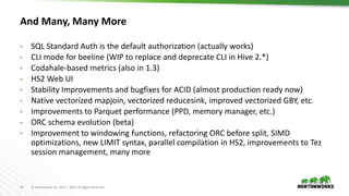 14 © Hortonworks Inc. 2011 – 2016. All Rights Reserved
And Many, Many More
• SQL Standard Auth is the default authorization (actually works)
• CLI mode for beeline (WIP to replace and deprecate CLI in Hive 2.*)
• Codahale-based metrics (also in 1.3)
• HS2 Web UI
• Stability Improvements and bugfixes for ACID (almost production ready now)
• Native vectorized mapjoin, vectorized reducesink, improved vectorized GBY, etc.
• Improvements to Parquet performance (PPD, memory manager, etc.)
• ORC schema evolution (beta)
• Improvement to windowing functions, refactoring ORC before split, SIMD
optimizations, new LIMIT syntax, parallel compilation in HS2, improvements to Tez
session management, many more
 