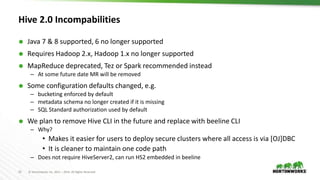 15 © Hortonworks Inc. 2011 – 2016. All Rights Reserved
Hive 2.0 Incompabilities
 Java 7 & 8 supported, 6 no longer supported
 Requires Hadoop 2.x, Hadoop 1.x no longer supported
 MapReduce deprecated, Tez or Spark recommended instead
– At some future date MR will be removed
 Some configuration defaults changed, e.g.
– bucketing enforced by default
– metadata schema no longer created if it is missing
– SQL Standard authorization used by default
 We plan to remove Hive CLI in the future and replace with beeline CLI
– Why?
• Makes it easier for users to deploy secure clusters where all access is via [OJ]DBC
• It is cleaner to maintain one code path
– Does not require HiveServer2, can run HS2 embedded in beeline
 