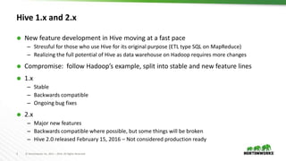 3 © Hortonworks Inc. 2011 – 2016. All Rights Reserved
Hive 1.x and 2.x
 New feature development in Hive moving at a fast pace
– Stressful for those who use Hive for its original purpose (ETL type SQL on MapReduce)
– Realizing the full potential of Hive as data warehouse on Hadoop requires more changes
 Compromise: follow Hadoop’s example, split into stable and new feature lines
 1.x
– Stable
– Backwards compatible
– Ongoing bug fixes
 2.x
– Major new features
– Backwards compatible where possible, but some things will be broken
– Hive 2.0 released February 15, 2016 – Not considered production ready
 