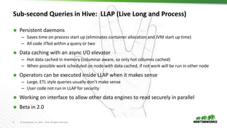 6 © Hortonworks Inc. 2011 – 2016. All Rights Reserved
Sub-second Queries in Hive: LLAP (Live Long and Process)
 Persistent daemons
– Saves time on process start up (eliminates container allocation and JVM start up time)
– All code JITed within a query or two
 Data caching with an async I/O elevator
– Hot data cached in memory (columnar aware, so only hot columns cached)
– When possible work scheduled on node with data cached, if not work will be run in other node
 Operators can be executed inside LLAP when it makes sense
– Large, ETL style queries usually don’t make sense
– User code not run in LLAP for security
 Working on interface to allow other data engines to read securely in parallel
 Beta in 2.0
 