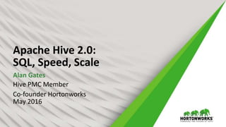 Apache Hive 2.0:
SQL, Speed, Scale
Alan Gates
Hive PMC Member
Co-founder Hortonworks
May 2016
 