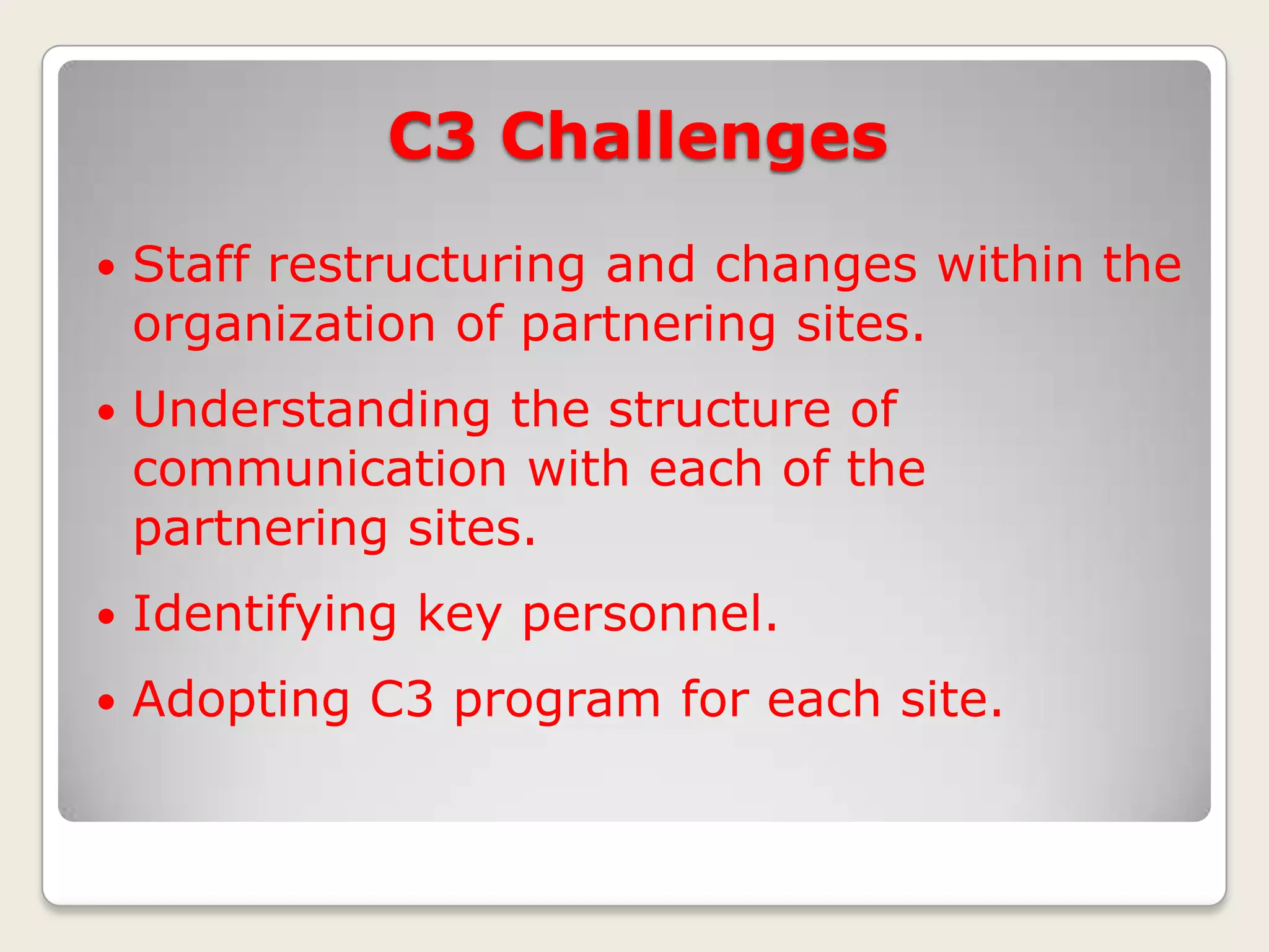 C3 Challenges


Staff restructuring and changes within the
organization of partnering sites.



Understanding the structure of
communication with each of the
partnering sites.



Identifying key personnel.



Adopting C3 program for each site.

 