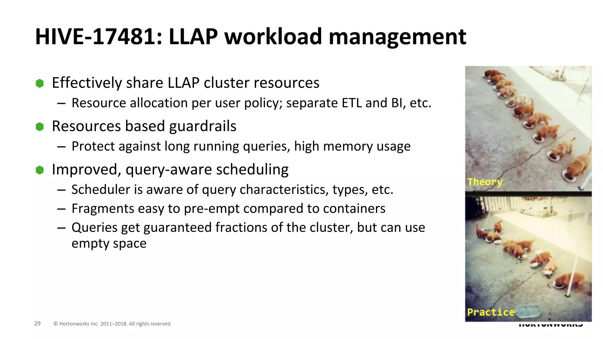 29 © Hortonworks Inc. 2011–2018. All rights reserved
HIVE-17481: LLAP workload management
⬢ Effectively share LLAP cluster resources
– Resource allocation per user policy; separate ETL and BI, etc.
⬢ Resources based guardrails
– Protect against long running queries, high memory usage
⬢ Improved, query-aware scheduling
– Scheduler is aware of query characteristics, types, etc.
– Fragments easy to pre-empt compared to containers
– Queries get guaranteed fractions of the cluster, but can use
empty space
 