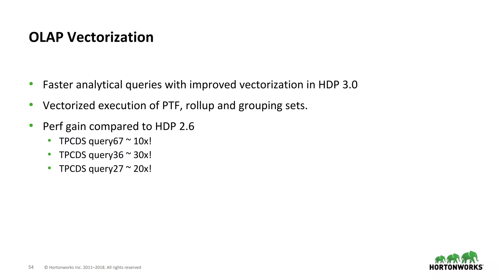 54 © Hortonworks Inc. 2011–2018. All rights reserved
• Faster analytical queries with improved vectorization in HDP 3.0
• Vectorized execution of PTF, rollup and grouping sets.
• Perf gain compared to HDP 2.6
• TPCDS query67 ~ 10x!
• TPCDS query36 ~ 30x!
• TPCDS query27 ~ 20x!
OLAP Vectorization
 