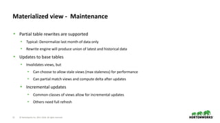 12 © Hortonworks Inc. 2011–2018. All rights reserved
Materialized view - Maintenance
• Partial table rewrites are supported
• Typical: Denormalize last month of data only
• Rewrite engine will produce union of latest and historical data
• Updates to base tables
• Invalidates views, but
• Can choose to allow stale views (max staleness) for performance
• Can partial match views and compute delta after updates
• Incremental updates
• Common classes of views allow for incremental updates
• Others need full refresh
 