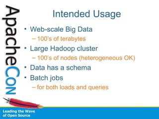 Intended Usage
• Web-scale Big Data
– 100’s of terabytes
• Large Hadoop cluster
– 100’s of nodes (heterogeneous OK)
• Data has a schema
• Batch jobs
– for both loads and queries
 