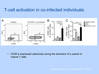Gonzalez VD et al. J Virol. 2009;83(21):11407-11.
T-cell activation in co-infected individuals
• CD38 is expressed selectively during the activation of a subset of
mature T cells
 