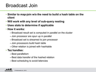 Broadcast Join
• Similar to map-join w/o the need to build a hash table on the
client
• Will work with any level of sub-query nesting
• Uses stats to determine if applicable
• How it works:
– Broadcast result set is computed in parallel on the cluster
– Join processor are spun up in parallel
– Broadcast set is streamed to join processor
– Join processors build hash table
– Other relation is joined with hashtable

• Tez handles:
– Best parallelism
– Best data transfer of the hashed relation
– Best scheduling to avoid latencies

© Hortonworks Inc. 2013.

 