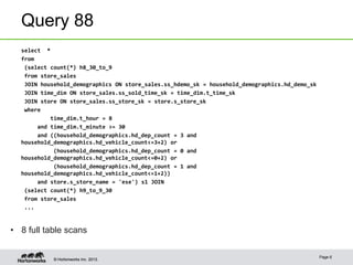 Query 88
select *
from
(select count(*) h8_30_to_9
from store_sales
JOIN household_demographics ON store_sales.ss_hdemo_sk = household_demographics.hd_demo_sk
JOIN time_dim ON store_sales.ss_sold_time_sk = time_dim.t_time_sk
JOIN store ON store_sales.ss_store_sk = store.s_store_sk
where
time_dim.t_hour = 8
and time_dim.t_minute >= 30
and ((household_demographics.hd_dep_count = 3 and
household_demographics.hd_vehicle_count<=3+2) or
(household_demographics.hd_dep_count = 0 and
household_demographics.hd_vehicle_count<=0+2) or
(household_demographics.hd_dep_count = 1 and
household_demographics.hd_vehicle_count<=1+2))
and store.s_store_name = 'ese') s1 JOIN
(select count(*) h9_to_9_30
from store_sales
...

• 8 full table scans

© Hortonworks Inc. 2013.

Page 6

 