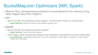 16© 2014 Cloudera, Inc. All rights reserved.
BucketMapJoin Optimizers (MR, Spark)
•  Memory Req: Corresponding bucket(s) of small table(s) fit into memory of big
table mapper (less than mapjoin)
•  MR:
•  Query hint && “hive.optimize.bucket.mapjoin”, all information known at compile-time
•  Logical Optimizer: MapJoinProcessor (intermediate operator tree)
•  Spark:
•  Query hint && “hive.optimize.buckert.mapjoin”
•  Logical Optimizer: Reuse MapJoinProcessor
•  Auto-Trigger, done via stats like mapjoin (size calculation estimated to be size/numBuckets)
•  Logical Optimizer: SparkMapJoinOptimizer, does size calculation of small tables via statistics, divides original
number by numBuckets
 