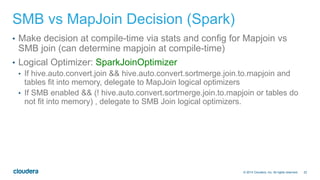 22© 2014 Cloudera, Inc. All rights reserved.
SMB vs MapJoin Decision (Spark)
•  Make decision at compile-time via stats and config for Mapjoin vs
SMB join (can determine mapjoin at compile-time)
•  Logical Optimizer: SparkJoinOptimizer
•  If hive.auto.convert.join && hive.auto.convert.sortmerge.join.to.mapjoin and
tables fit into memory, delegate to MapJoin logical optimizers
•  If SMB enabled && (! hive.auto.convert.sortmerge.join.to.mapjoin or tables do
not fit into memory) , delegate to SMB Join logical optimizers.
 