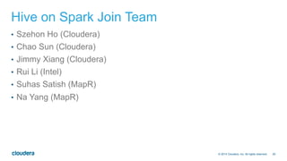 29© 2014 Cloudera, Inc. All rights reserved.
Hive on Spark Join Team
•  Szehon Ho (Cloudera)
•  Chao Sun (Cloudera)
•  Jimmy Xiang (Cloudera)
•  Rui Li (Intel)
•  Suhas Satish (MapR)
•  Na Yang (MapR)
 