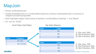 7© 2014 Cloudera, Inc. All rights reserved.
MapJoin
•  Known as Broadcast join
•  Create hashtable from (n-1) small table(s) keyed by Joinkey, broadcasted them in-memory to
mappers processing big-table.
•  Each big-table mapper does lookup of joinkey in small table(s) hashmap -> Join Result
•  Ex: Join by “CityId”
CityId CityName
1 San Jose
2 San Francisco
CityId Sales
1 500
2 600
2 400
CityId Sales
1 700
2 200
2 100
Small Table (HashTable) Big Table (Mapper)
{1, San Jose, 500}
{2, San Francisco, 600}
{2, San Francisco, 400}
{1, San Jose, 700}
{2, San Francisco, 200}
{2, San Francisco, 200}
 